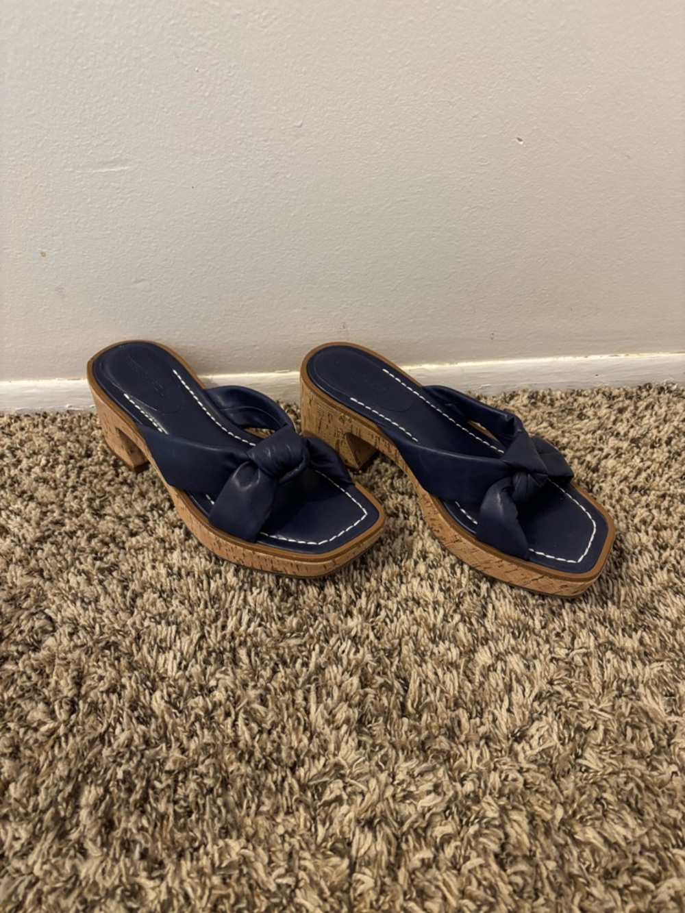 Bernardo New Leather Navy Knotted Cork Block Heel Sandals